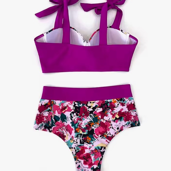 High Waist Bikini Set Swimwear Purple Floral PushUp Underwire Swimsuit Beach (L) - Picture 5 of 15